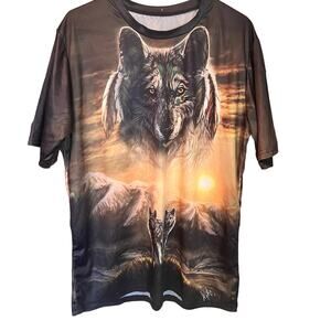 Wolf Animal Pic Print Crew Collar Stretchy T-Shirt Not Branded Size Large